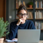 Femme consultant son espace client Foncia sur un ordinateur portable dans un bureau à domicile moderne