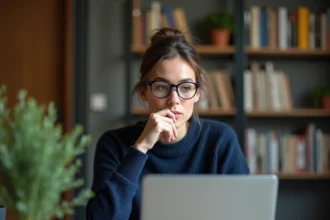 Femme consultant son espace client Foncia sur un ordinateur portable dans un bureau à domicile moderne