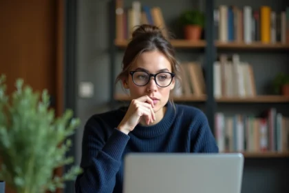 Femme consultant son espace client Foncia sur un ordinateur portable dans un bureau à domicile moderne
