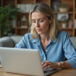 Femme en train d'étudier des sites immobiliers à la maison