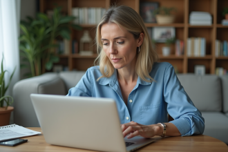 Femme en train d'étudier des sites immobiliers à la maison