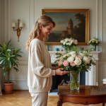 Femme arrangeant un bouquet dans un salon élégant