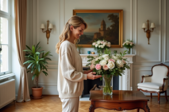 Femme arrangeant un bouquet dans un salon élégant