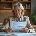 Femme concentrée vérifiant ses documents financiers à la maison