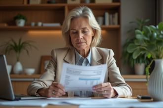 Femme concentrée vérifiant ses documents financiers à la maison