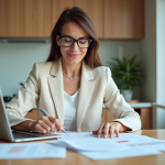 Femme en blazer examinant des documents immobiliers