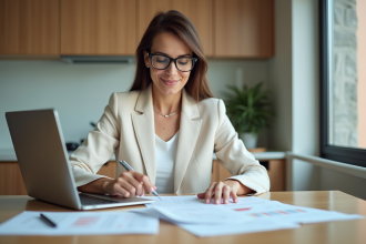 Femme en blazer examinant des documents immobiliers