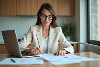 Femme en blazer examinant des documents immobiliers