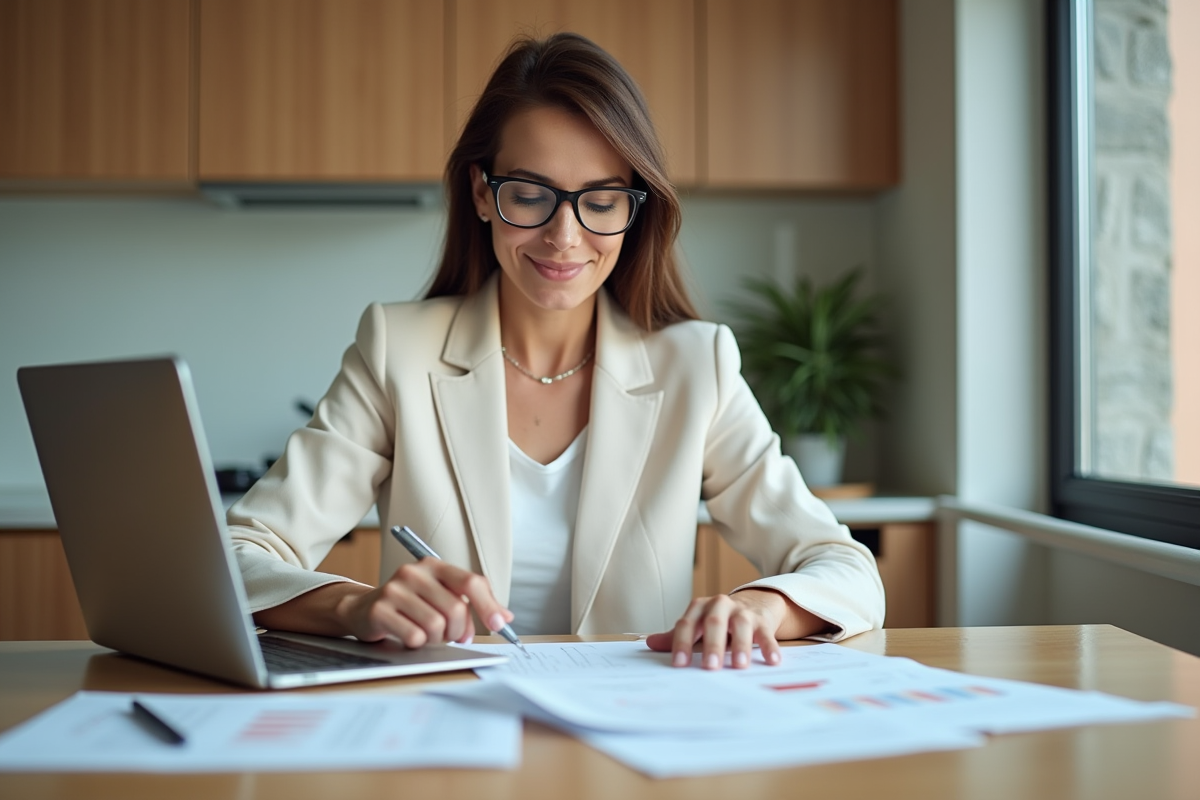 Femme en blazer examinant des documents immobiliers