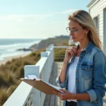 Femme d'âge moyen regardant un clipboard sur une terrasse face à l'océan