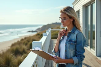 Femme d'âge moyen regardant un clipboard sur une terrasse face à l'océan