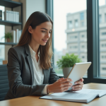 Femme d affaires avec tablette dans un bureau moderne