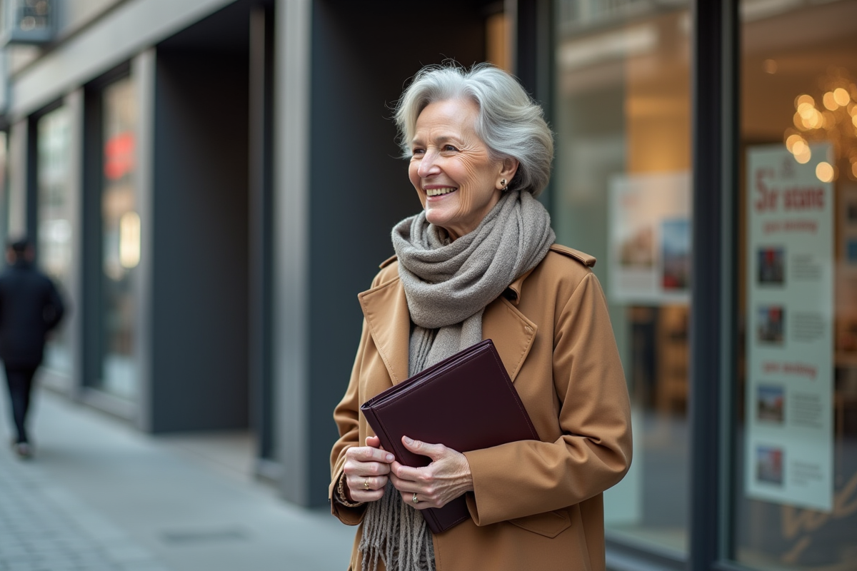 Femme souriante devant agence immobiliere urbaine