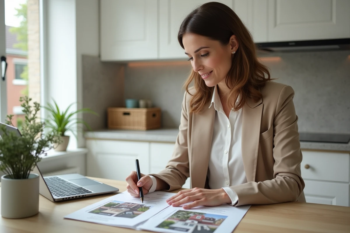 Femme analysant brochures immobilières à la maison
