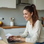 Femme souriante utilisant un ordinateur pour rechercher un logement