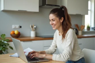 Femme souriante utilisant un ordinateur pour rechercher un logement