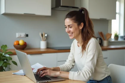 Femme souriante utilisant un ordinateur pour rechercher un logement