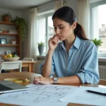Femme en train d'étudier des plans et documents dans un appartement