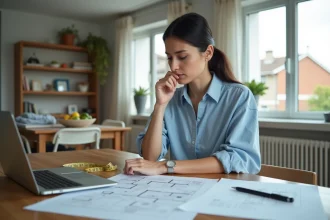 Femme en train d'étudier des plans et documents dans un appartement
