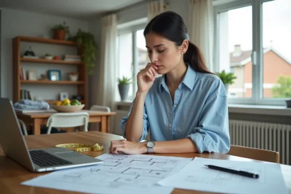Femme en train d'étudier des plans et documents dans un appartement