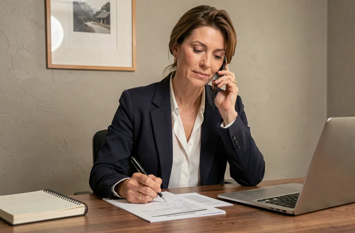 Femme locataire au bureau à domicile téléphonant à son assureur pour finaliser son dossier d'assurance habitation