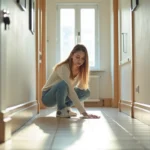 Jeune femme nettoyant le sol dans un couloir lumineux