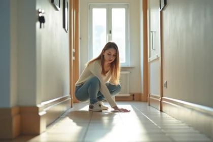 Jeune femme nettoyant le sol dans un couloir lumineux