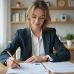 Femme organisée examinant documents de location