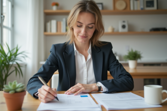 Femme organisée examinant documents de location