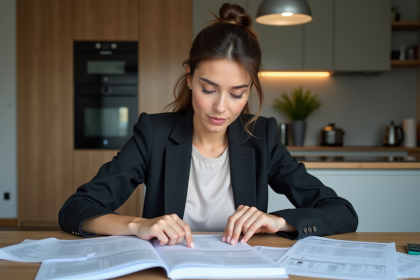 Jeune femme organisée avec papiers de location dans un intérieur parisien