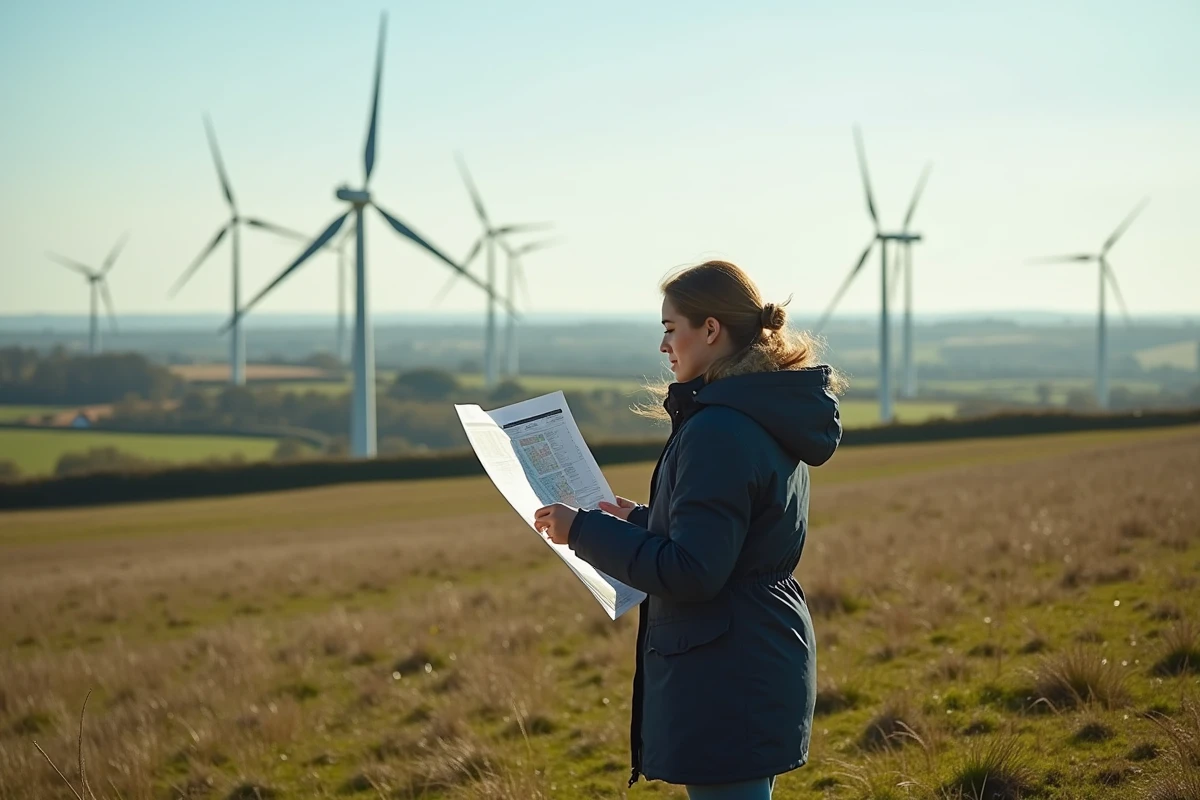 Jeune femme avec carte près d’éoliennes en campagne
