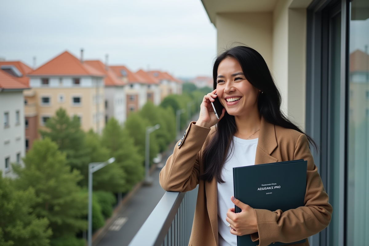 Femme souriante parle au téléphone sur son balcon urbain