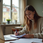 Jeune femme française remplissant des papiers dans sa cuisine