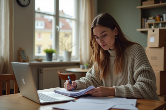 Jeune femme française remplissant des papiers dans sa cuisine