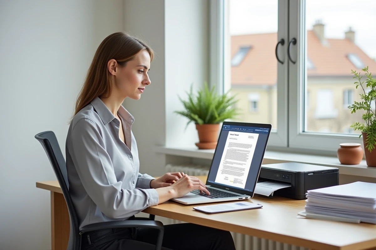 Femme préparant un pré état daté vierge Word sur son ordinateur portable dans un bureau à domicile moderne