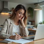 Jeune femme remplissant des papiers de pret dans une cuisine lumineuse