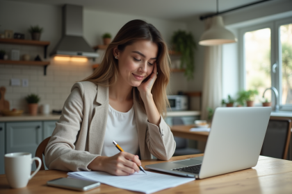 Jeune femme remplissant des papiers de pret dans une cuisine lumineuse