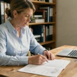 Femme consultant des documents cadastraux et rédigeant un courrier pour identifier le propriétaire d'une parcelle