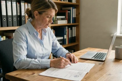 Femme consultant des documents cadastraux et rédigeant un courrier pour identifier le propriétaire d'une parcelle