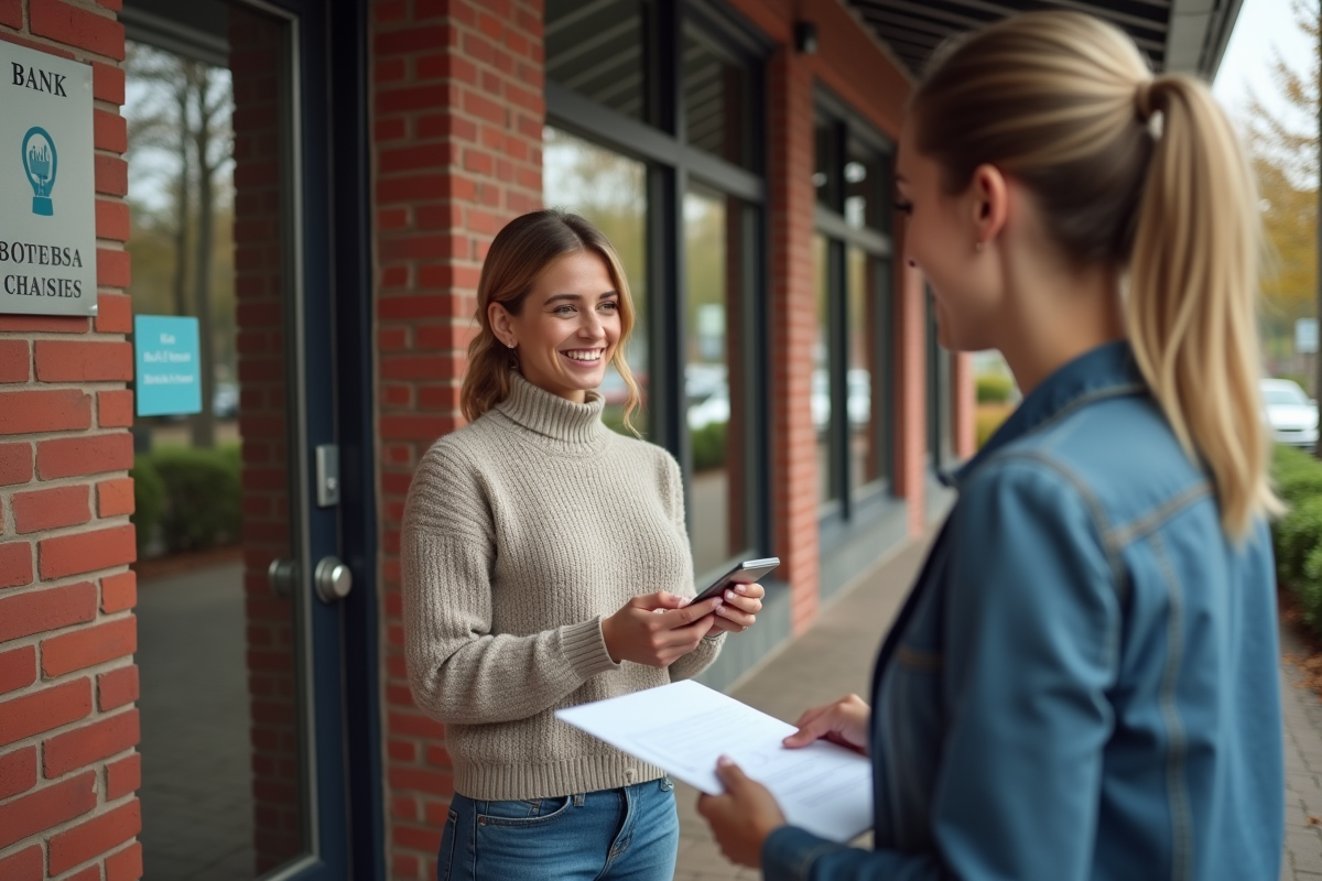 Jeune femme souriante remettant un document signé à un guichet de banque