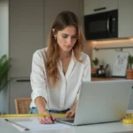 Femme en blouse et jeans dans une cuisine moderne rénovée