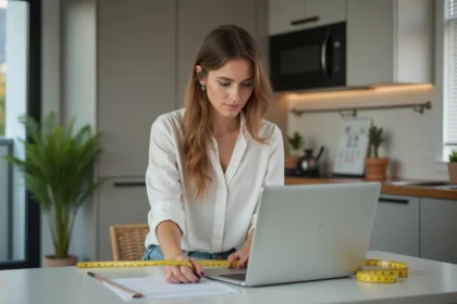 Femme en blouse et jeans dans une cuisine moderne rénovée