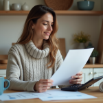 Femme étudie des documents de prêt rénovation à la maison
