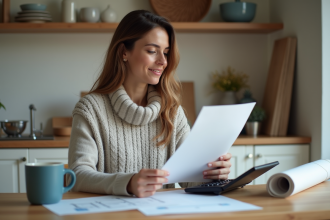 Femme étudie des documents de prêt rénovation à la maison