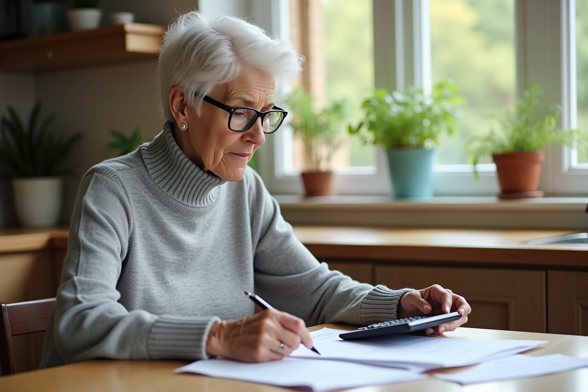 Femme retraitée analysant les documents financiers liés à son projet de viager à domicile