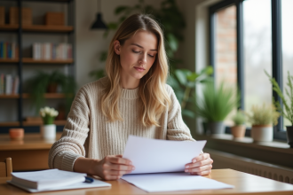 Jeune femme examine documents d'assurance logement