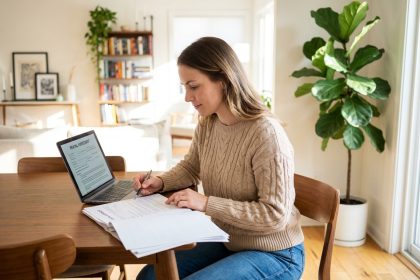 Femme en intérieur examine documents de location