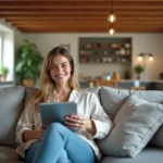 Jeune femme souriante dans un salon lumineux et moderne