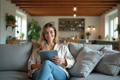 Jeune femme souriante dans un salon lumineux et moderne