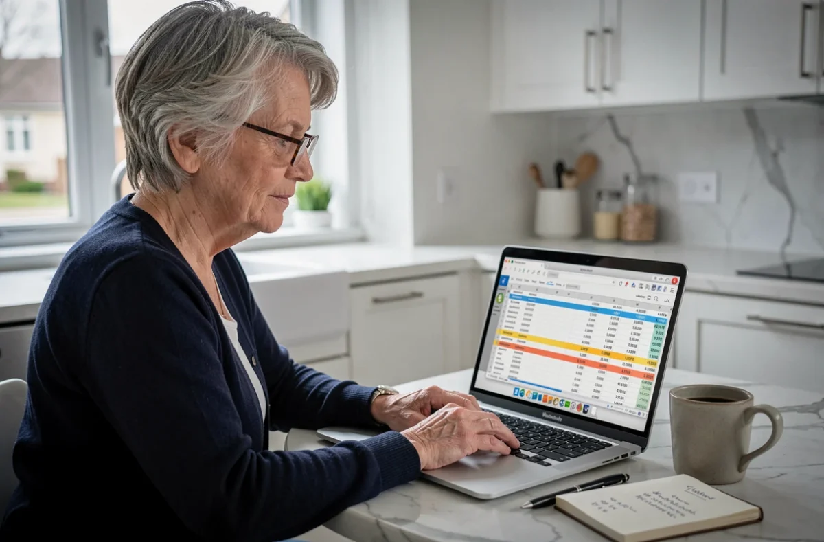 Une femme senior utilise un simulateur viager sur Excel depuis son ordinateur portable à la table de sa cuisine moderne